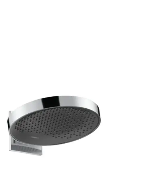 Wandmontierte Kopfbrause in Chrom von Hansgrohe mit runder, flacher Oberfläche und Duschdüsen.